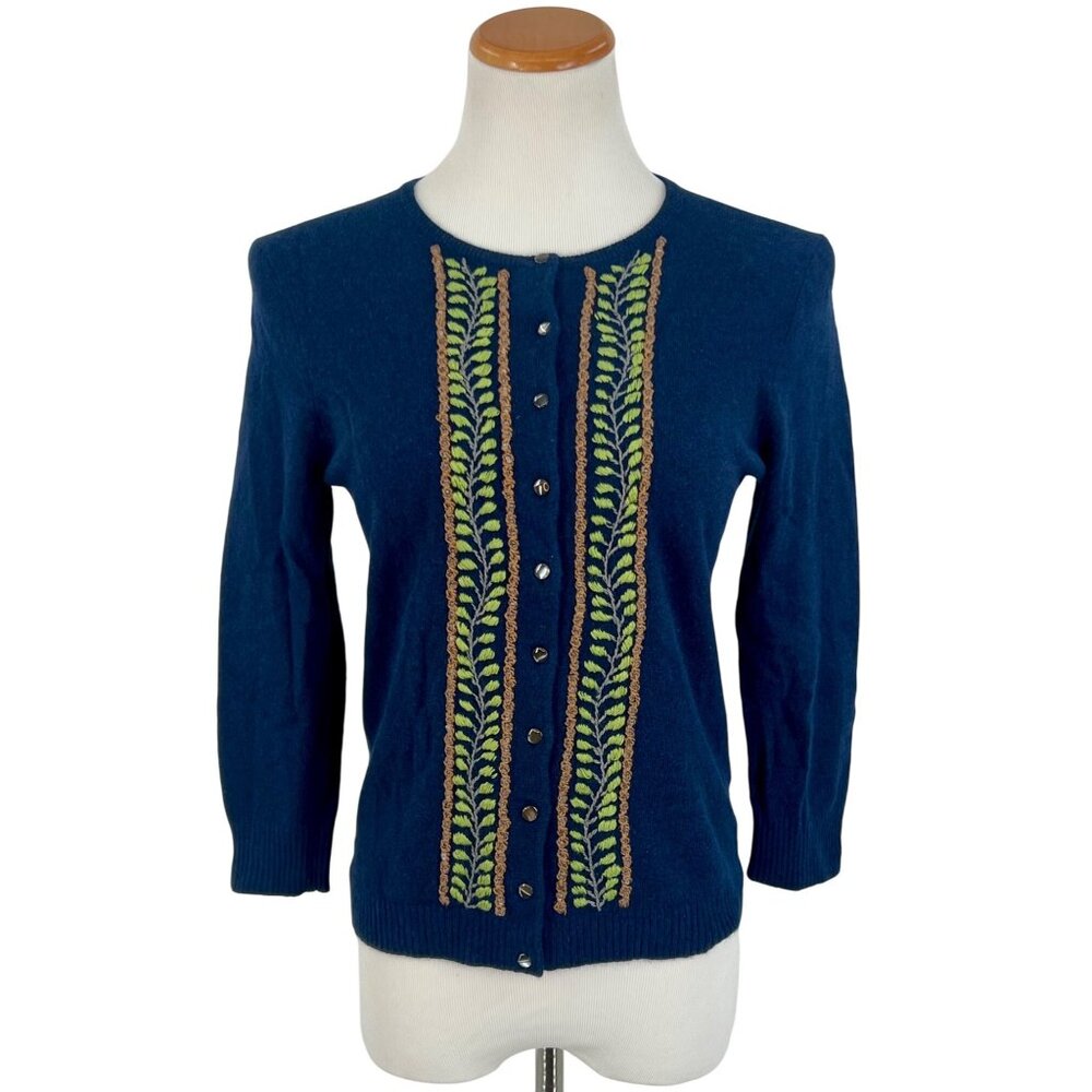 J. Crew Blue Embroidered & Beaded Cashmere Blend Button Front Cardigan • Preppy - Picture 2 of 14